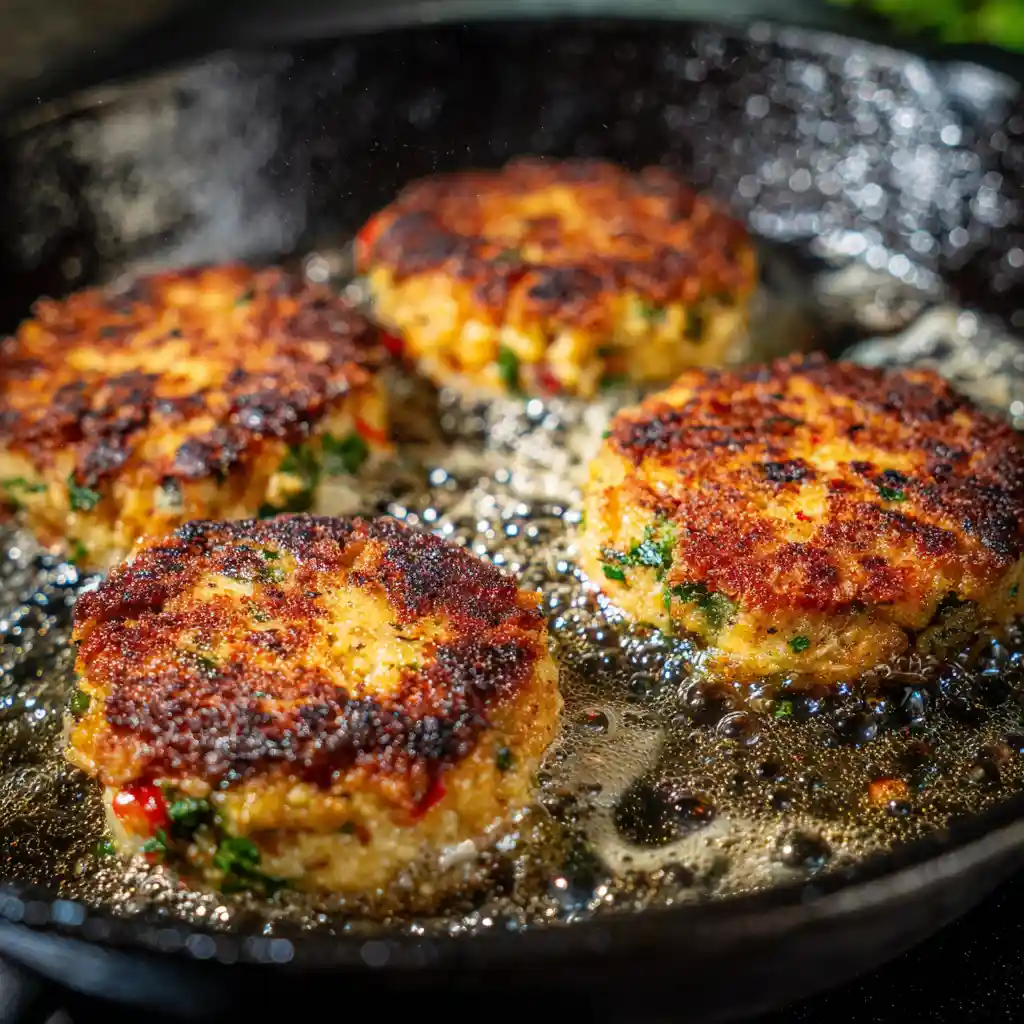 Pan-fried trout cakes in cast iron pan