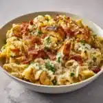 Creamy Pasta Carbonara Cheesecake Factory style topped with crispy guanciale and fresh parsley