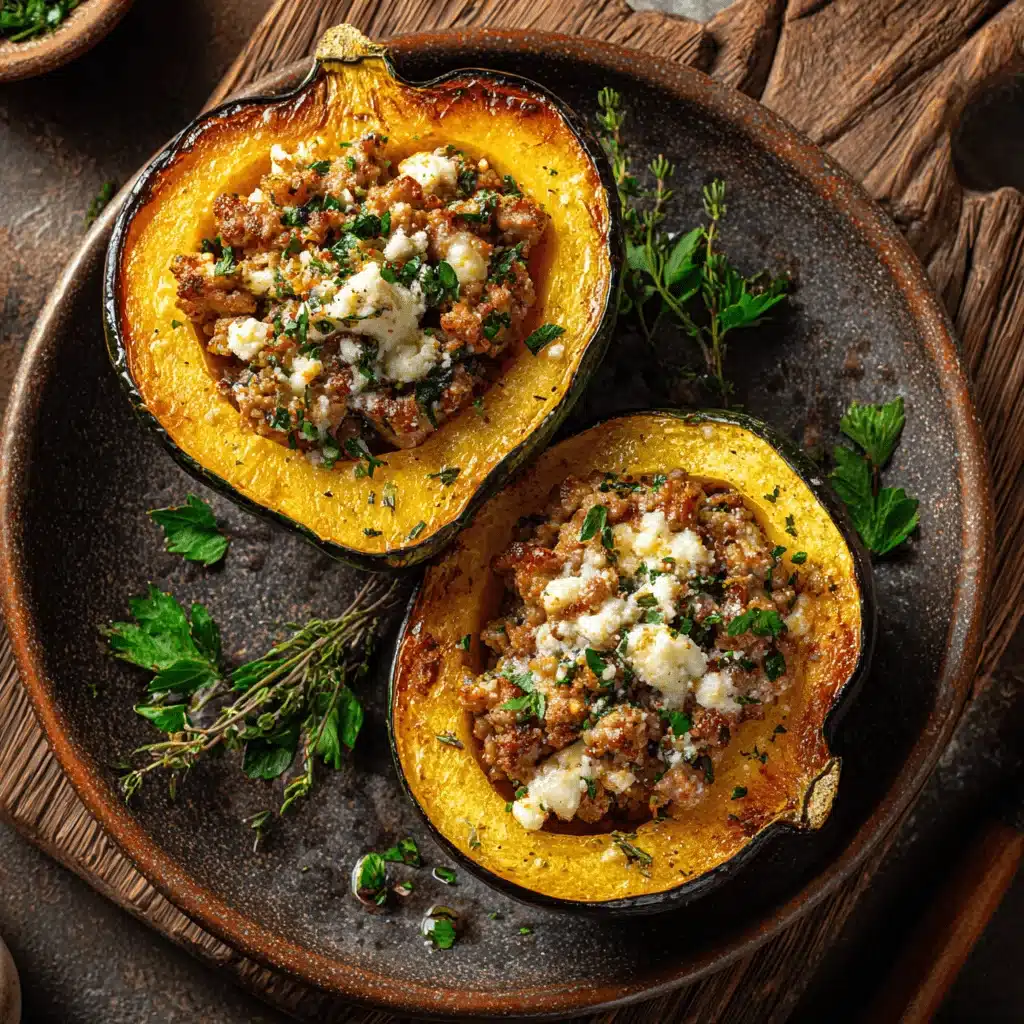 Sausage Stuffed Acorn Squash on a rustic plate