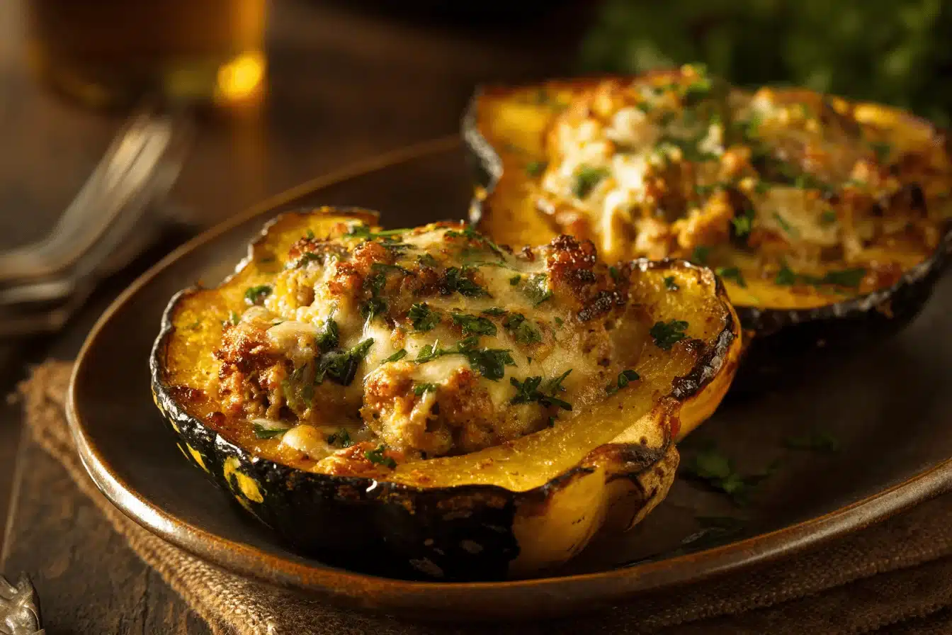 Sausage Stuffed Acorn Squash on a rustic plate