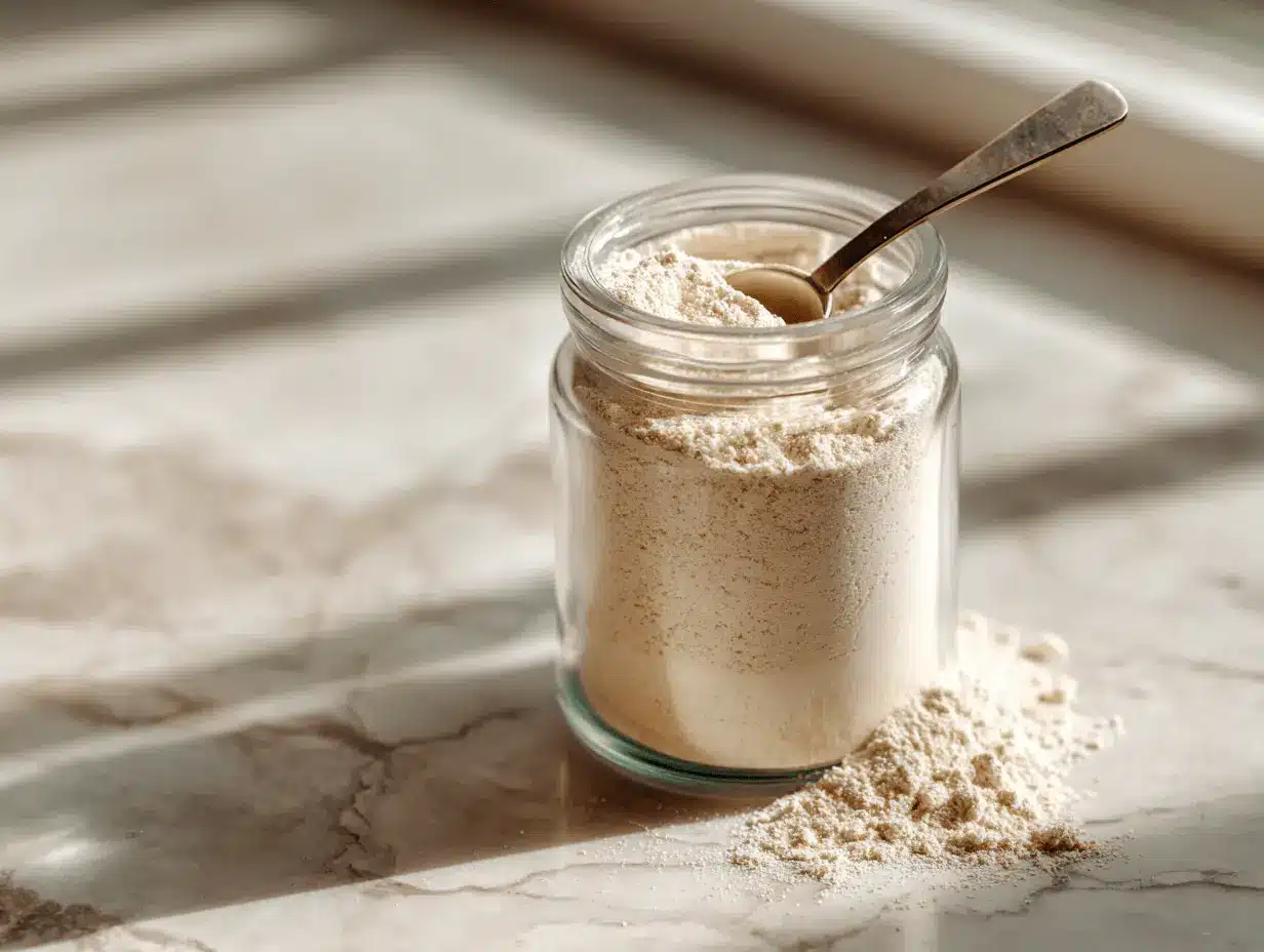 jar of vanilla protein powder with scoop on kitchen counter
