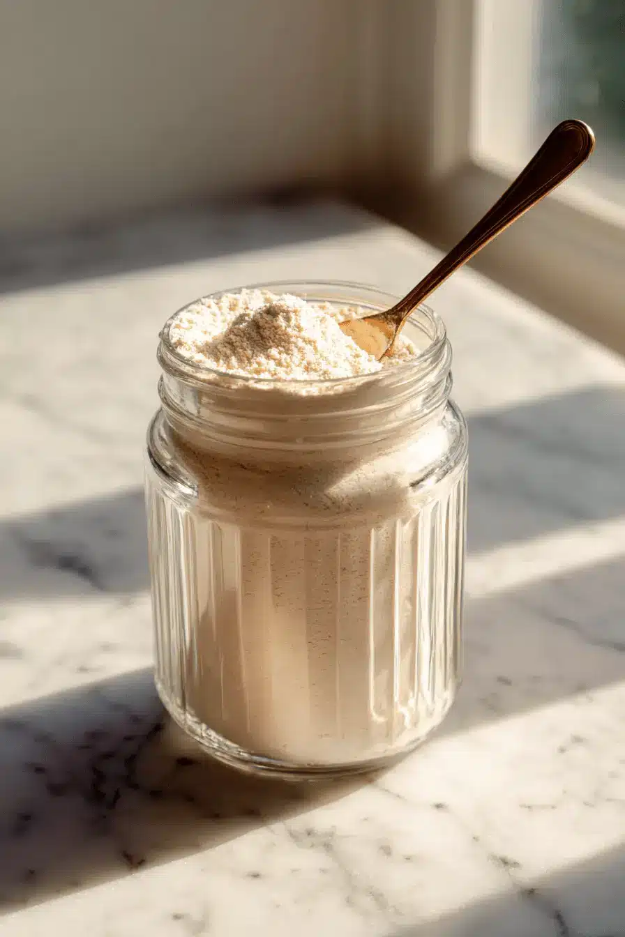 vanilla-protein-hero jar of vanilla protein powder with scoop on kitchen counter