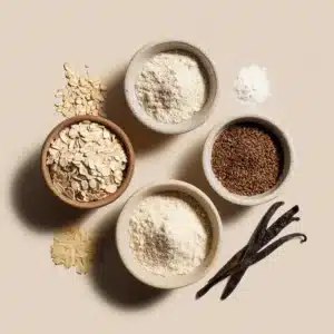 flat lay of clean protein powder ingredients