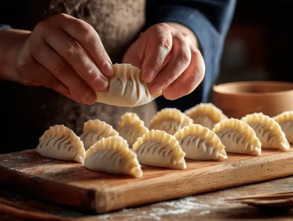 Folding homemade chicken gyoza by hand