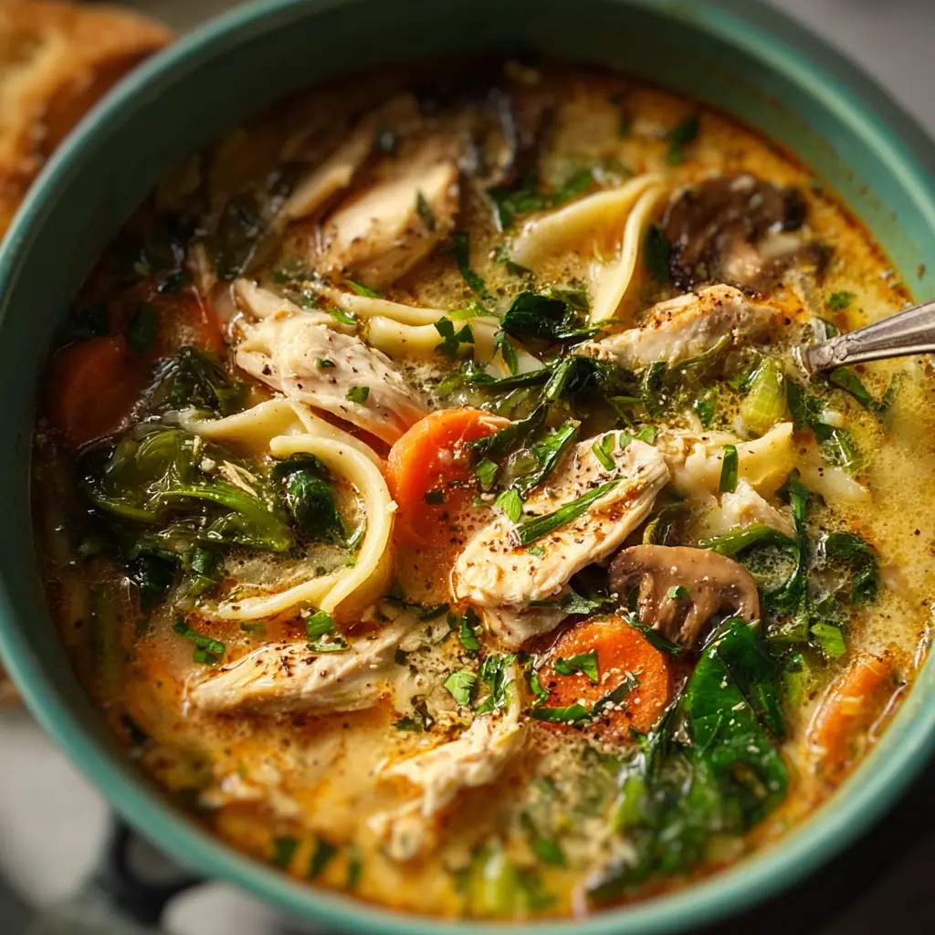 Bowl of Marry Me Chicken Soup with sun-dried tomatoes and pasta