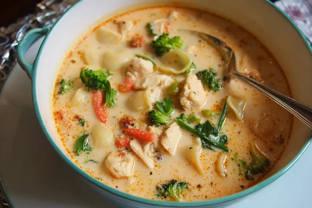 Bowl of marry me chicken soup served with bread and salad