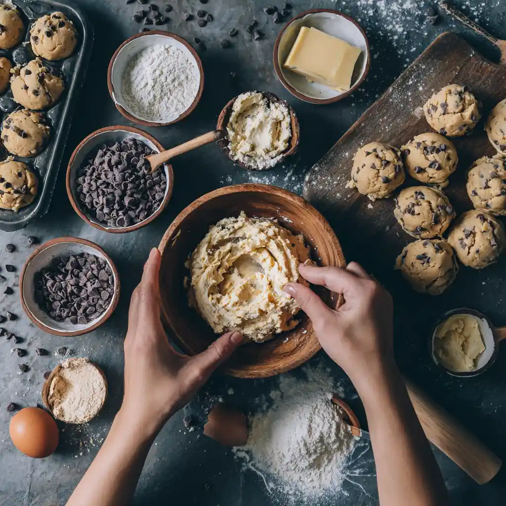 Assembling chocolate chip cheesecake cookie dough