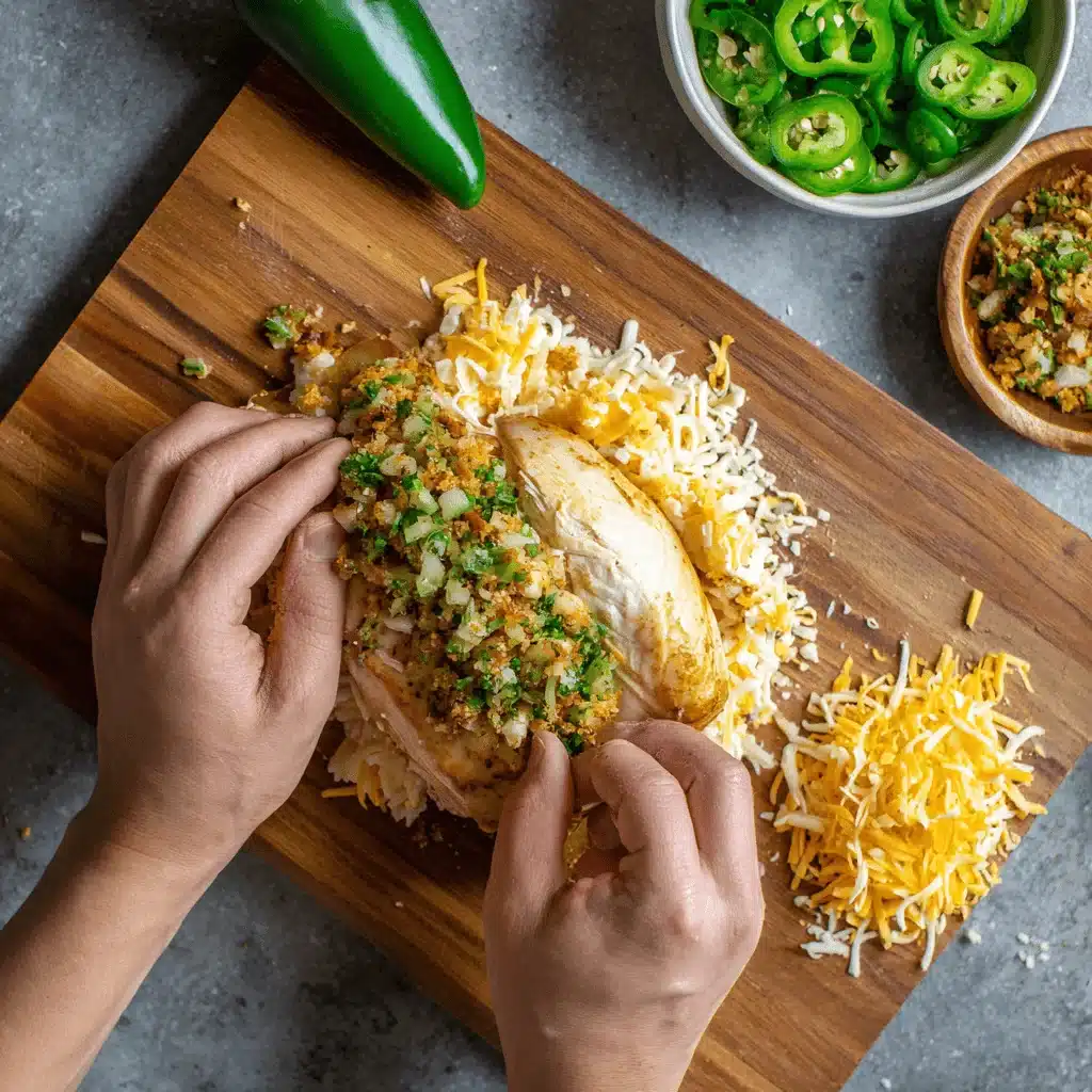 Filling chicken with cheese and jalapeños