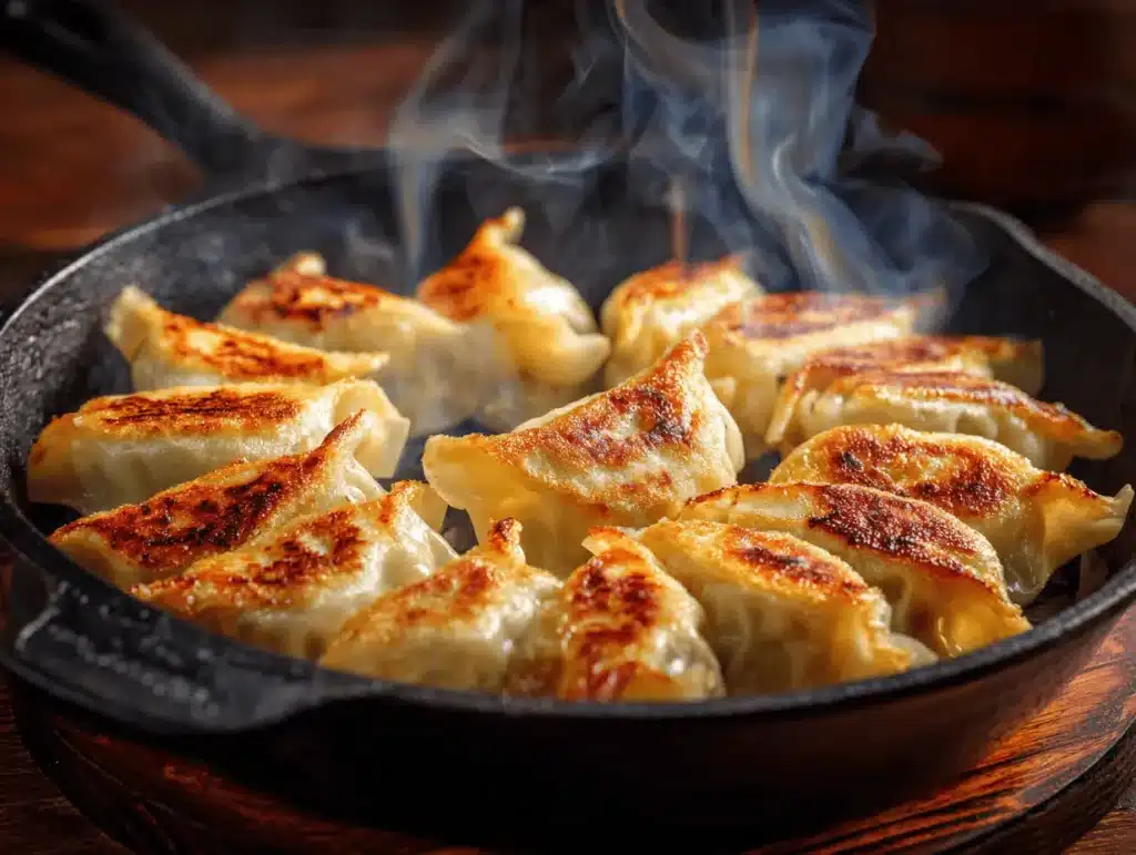 Crispy chicken gyoza in a skillet with steam
