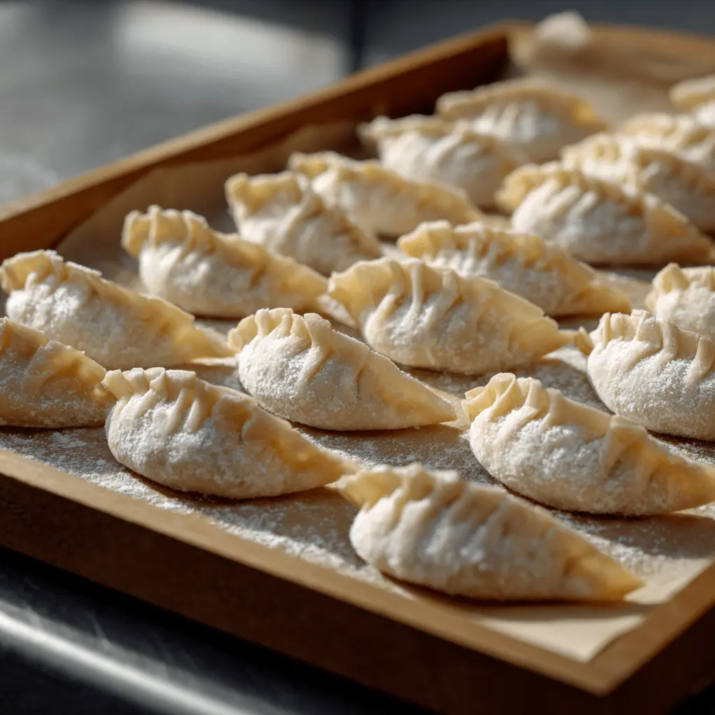 Frozen chicken gyoza arranged on baking tray