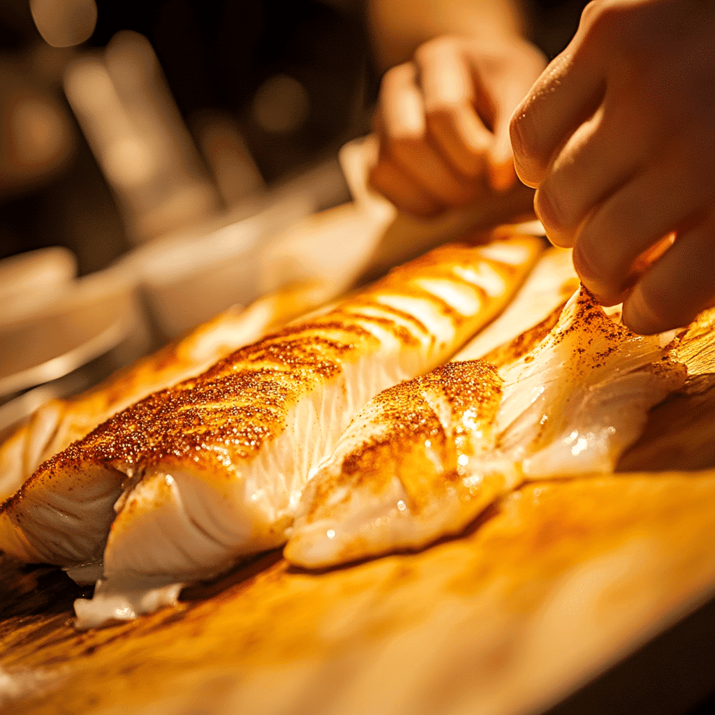 Coating fish fillet with jerk seasoning
