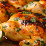 Brazilian roasted half chicken on a wooden platter with lime wedges and herbs.