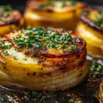 Golden layered potato pave served with herbs