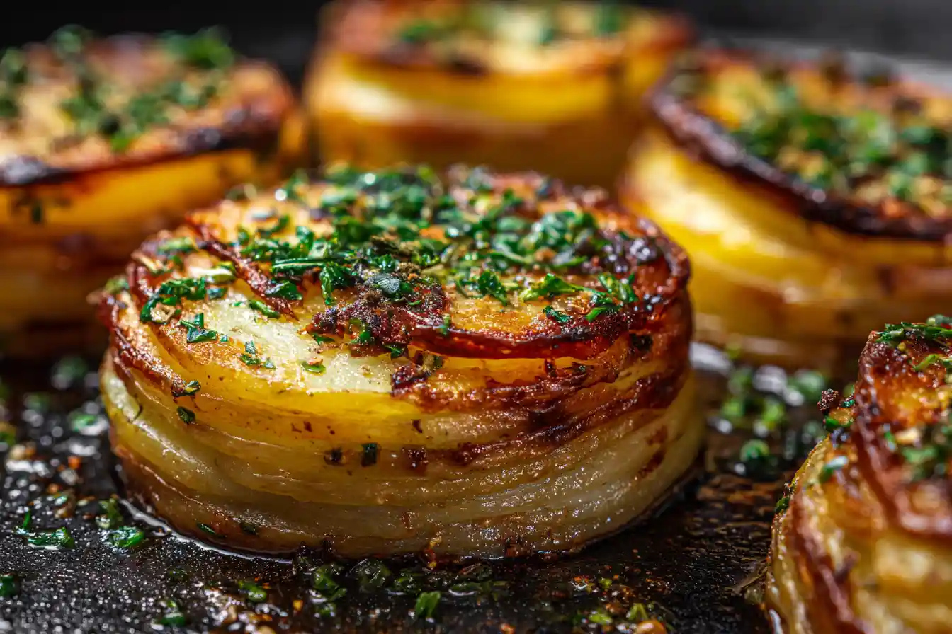 Golden layered potato pave served with herbs
