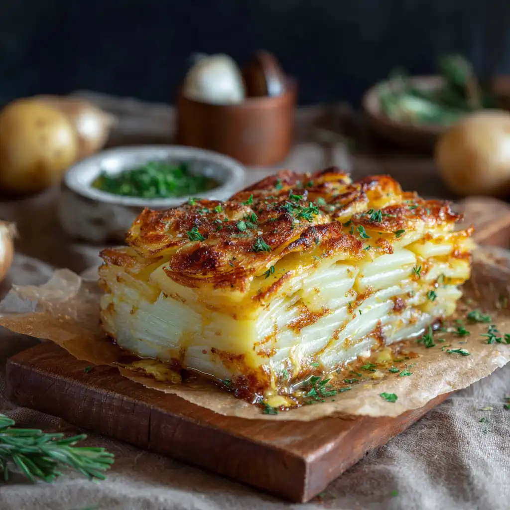 Golden layered potato pave served with herbs