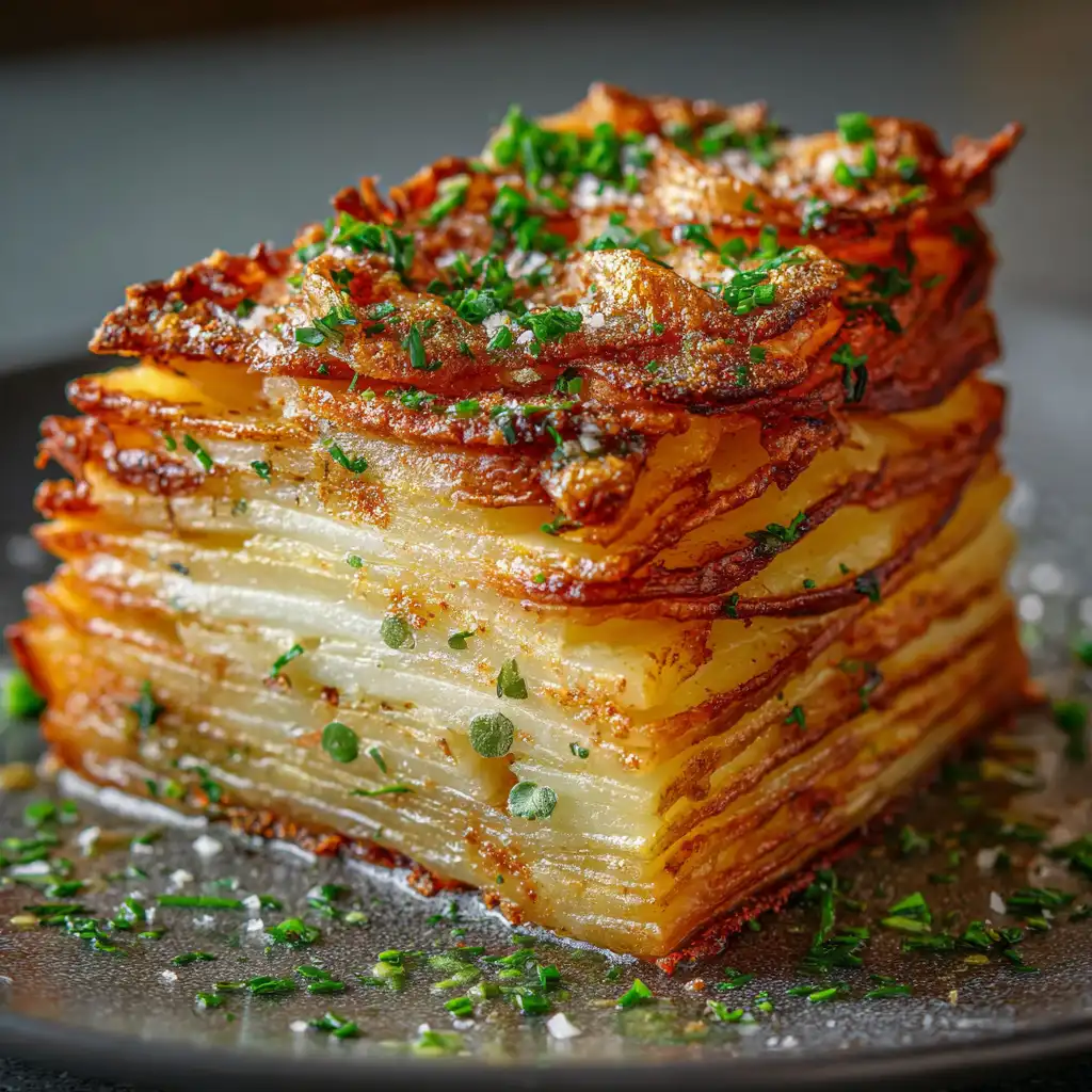 Golden layered potato pave served with herbs