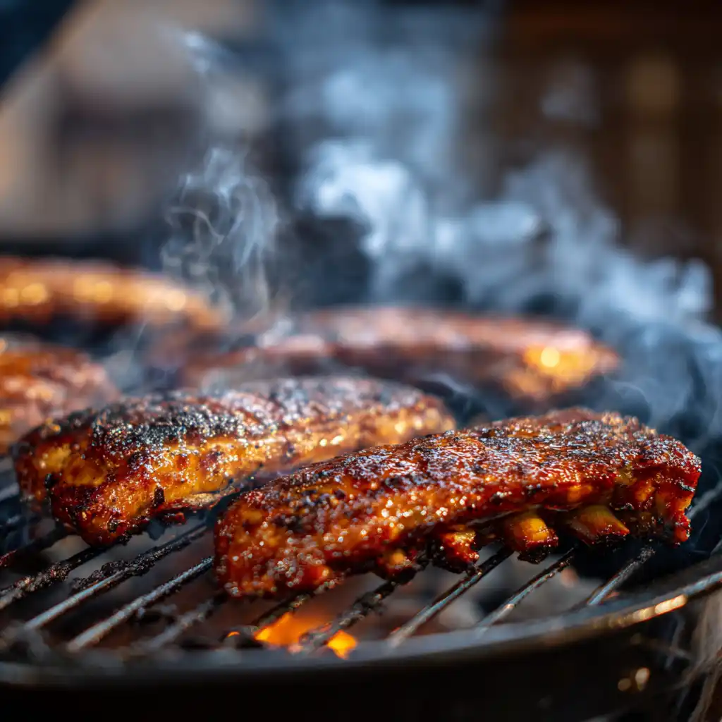 Turkey ribs on smoker with applewood