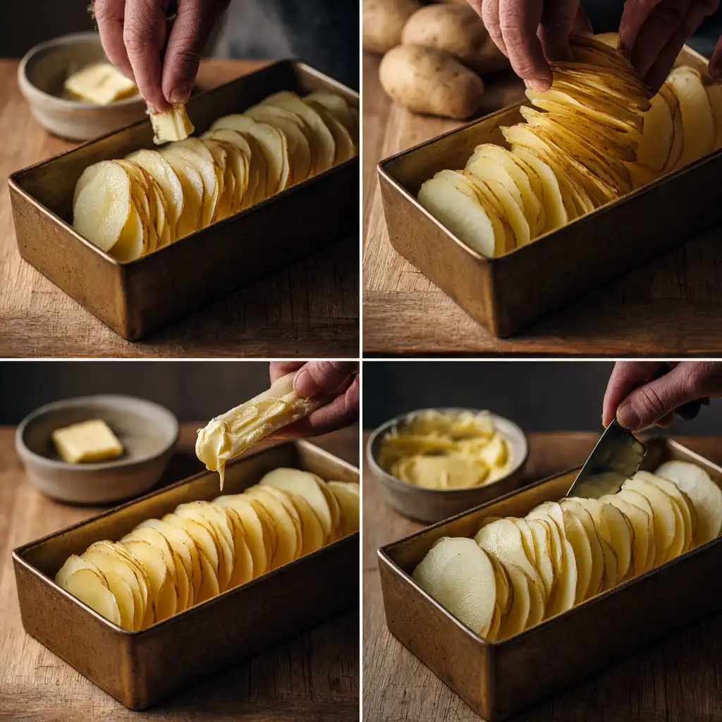 Layering potatoes in pan for pave