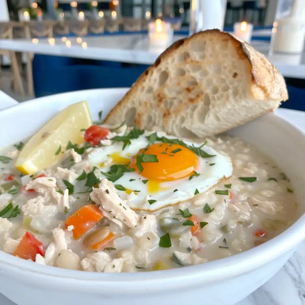 Served pastina soup with egg and crusty bread