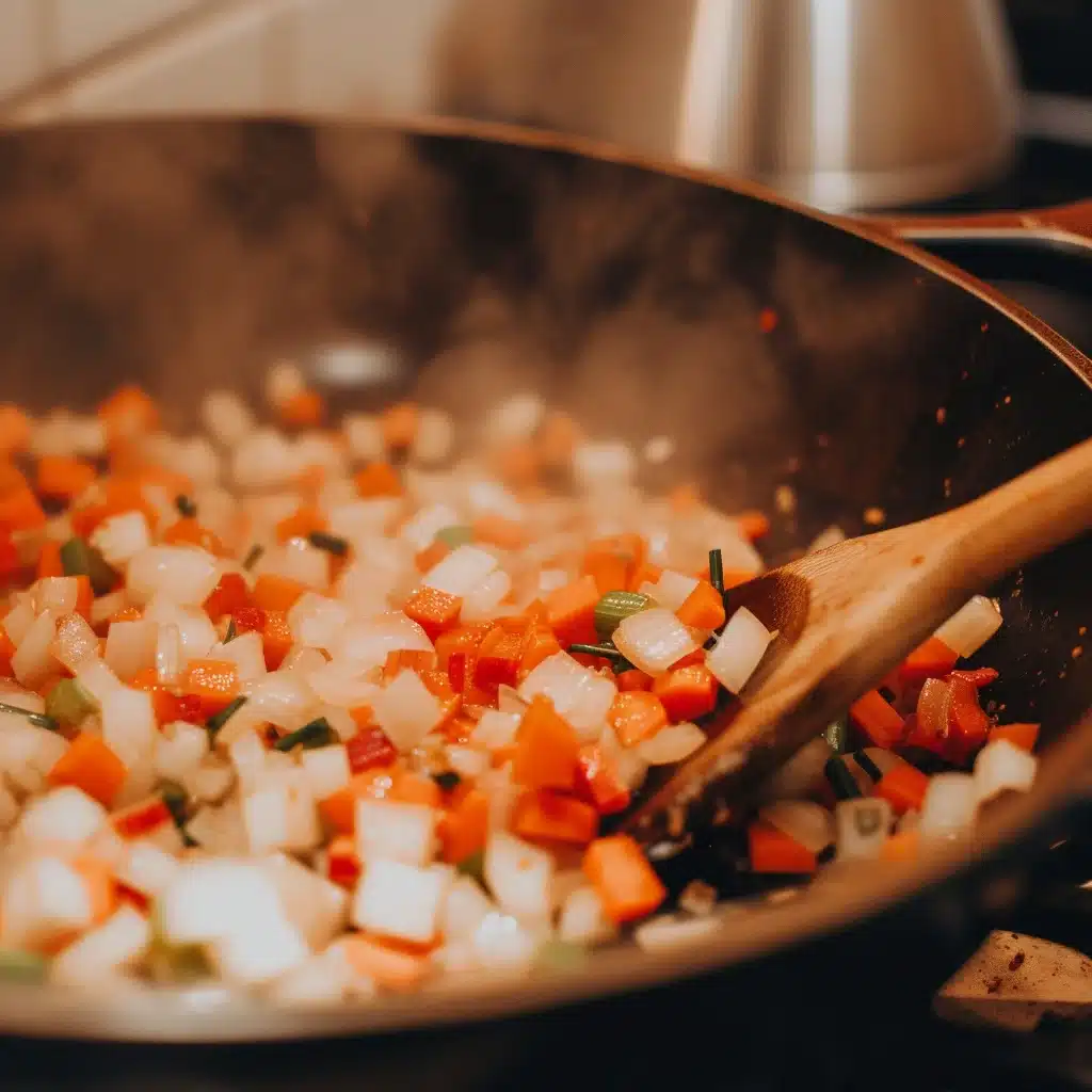Sautéing vegetables in butter for pastina soup with egg