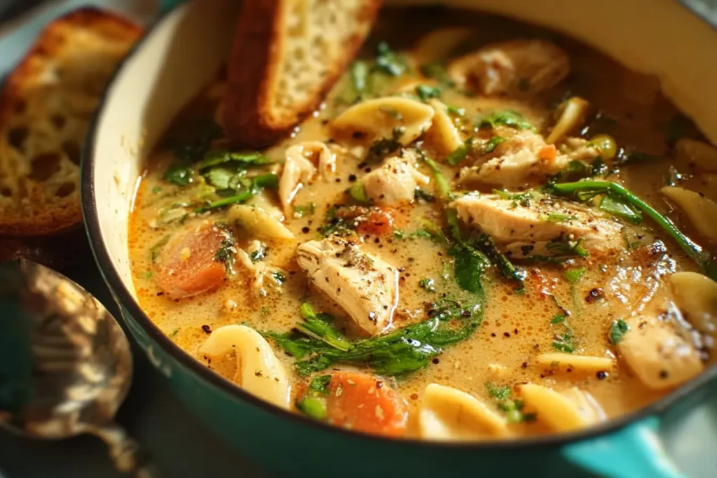Bowl of Marry Me Chicken Soup with sun-dried tomatoes and pasta