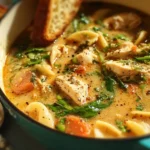 Bowl of Marry Me Chicken Soup with sun-dried tomatoes and pasta