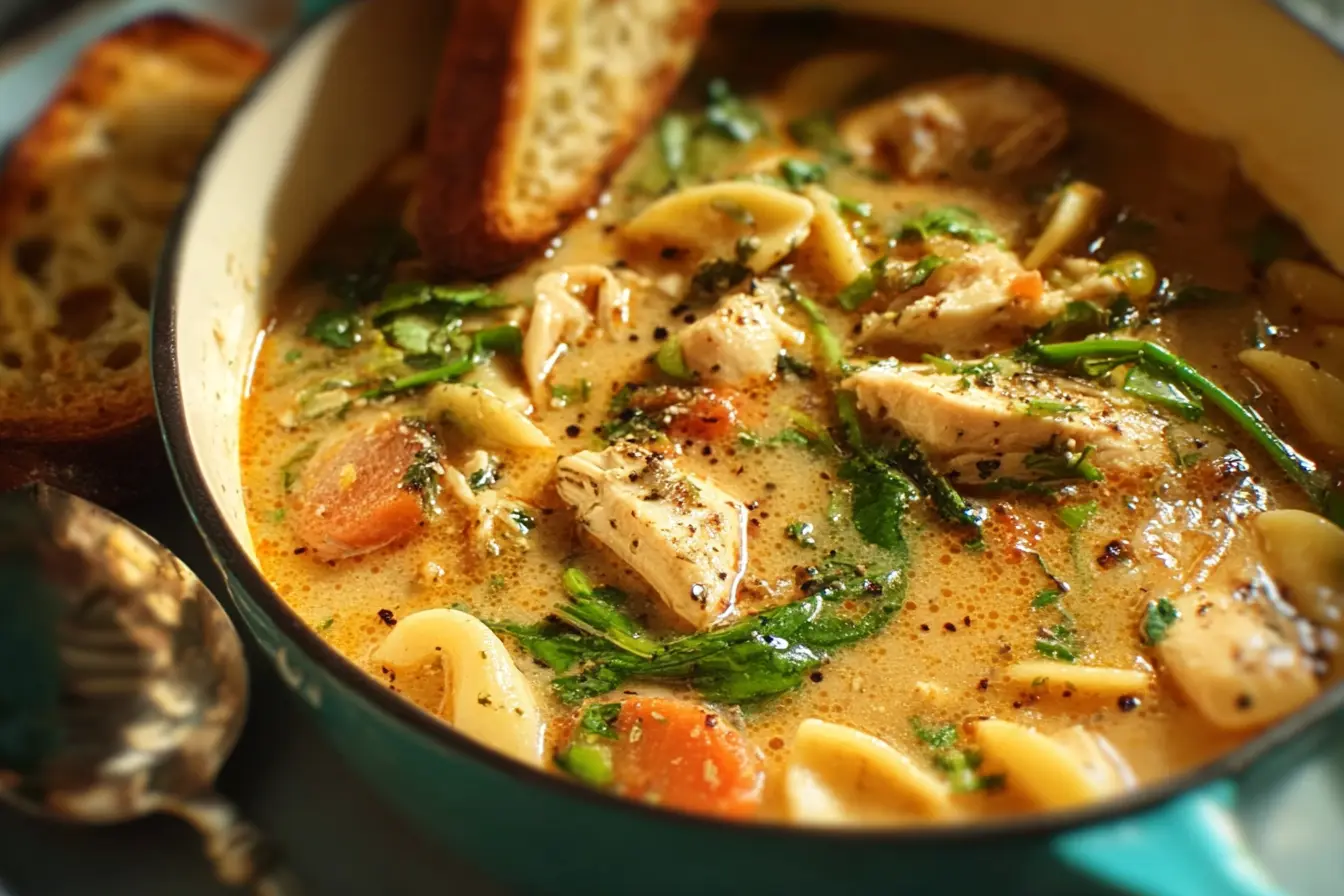 Bowl of Marry Me Chicken Soup with sun-dried tomatoes and pasta