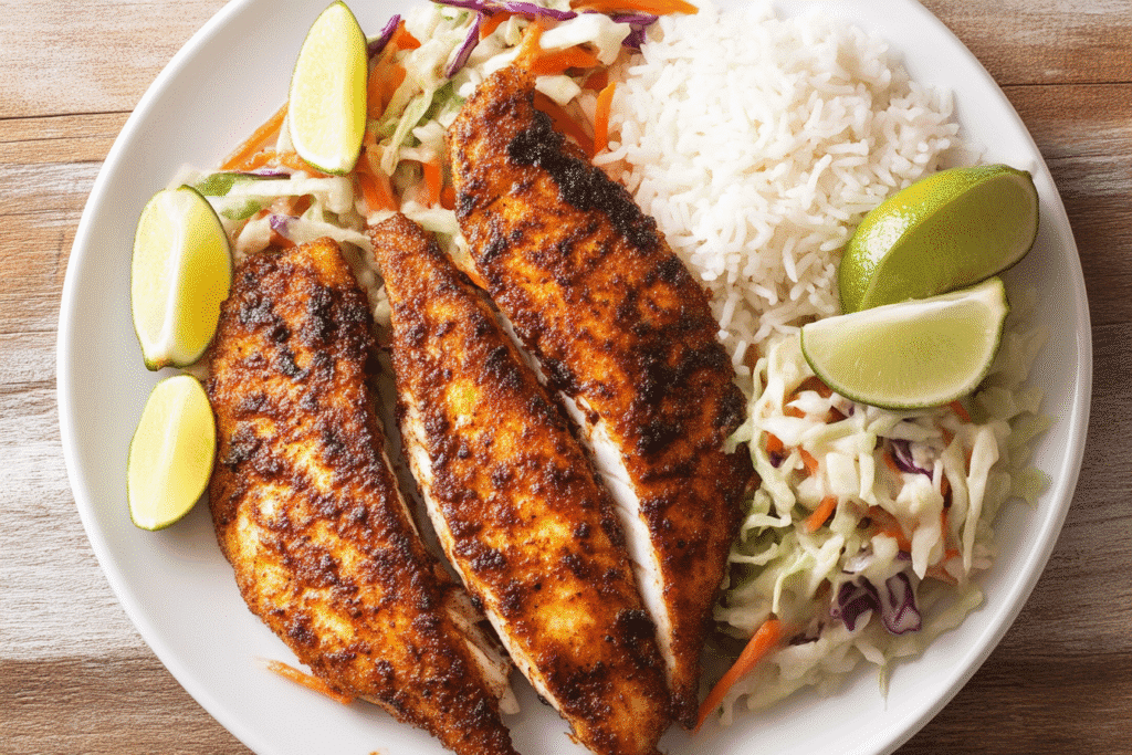 Jerk fish served with Jamaican slaw and coconut rice