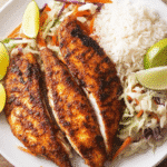 Jerk fish served with Jamaican slaw and coconut rice
