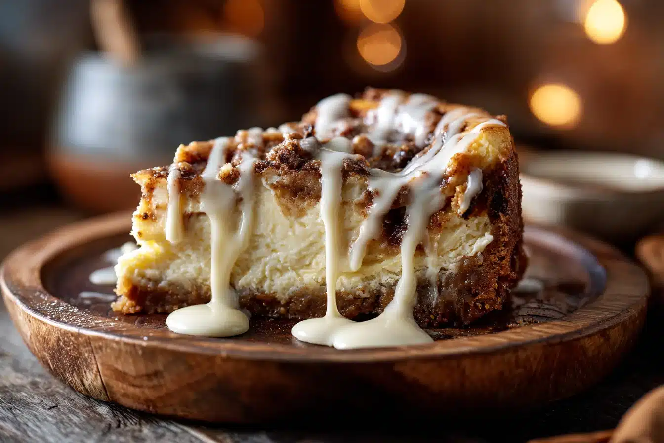 Slice of cinnamon roll cheesecake with glaze
