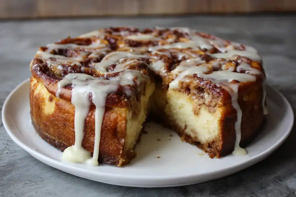 Slice of cinnamon roll cheesecake with glaze