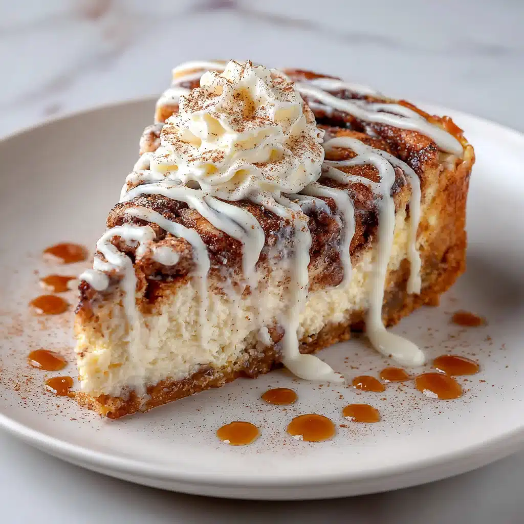 Slice of cinnamon roll cheesecake with glaze