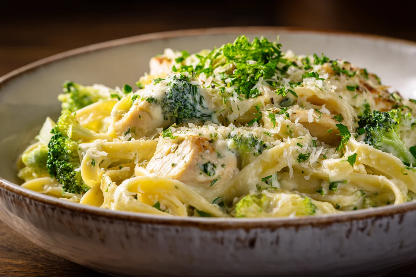 Creamy chicken and broccoli fettuccine alfredo in a rustic white bowl
