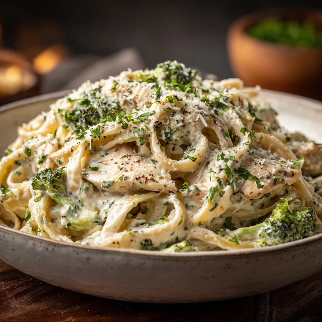 Creamy chicken and broccoli fettuccine alfredo