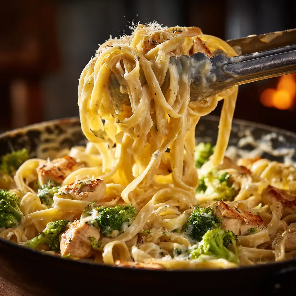 Fettuccine noodles being coated in Alfredo sauce with chicken and broccoli