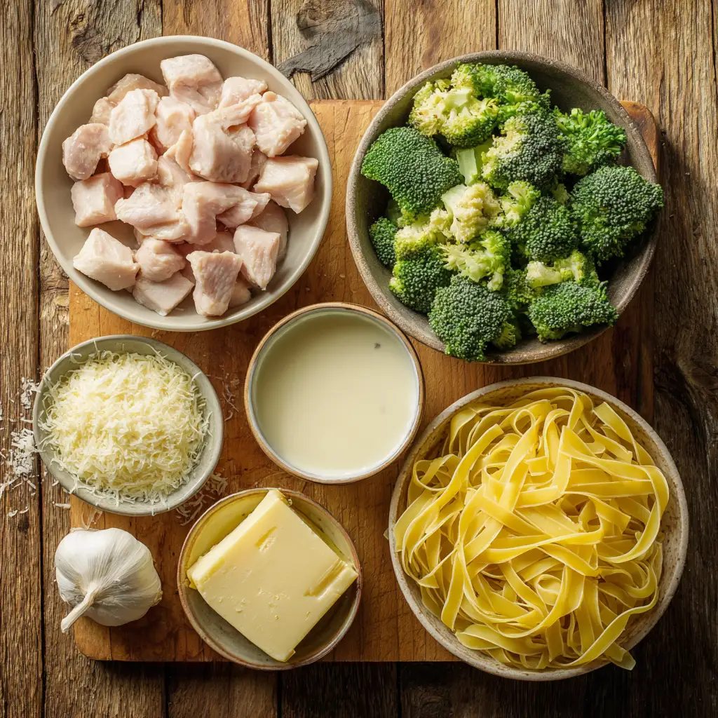 Ingredients for chicken and broccoli fettuccine alfredo laid out on a wooden counter