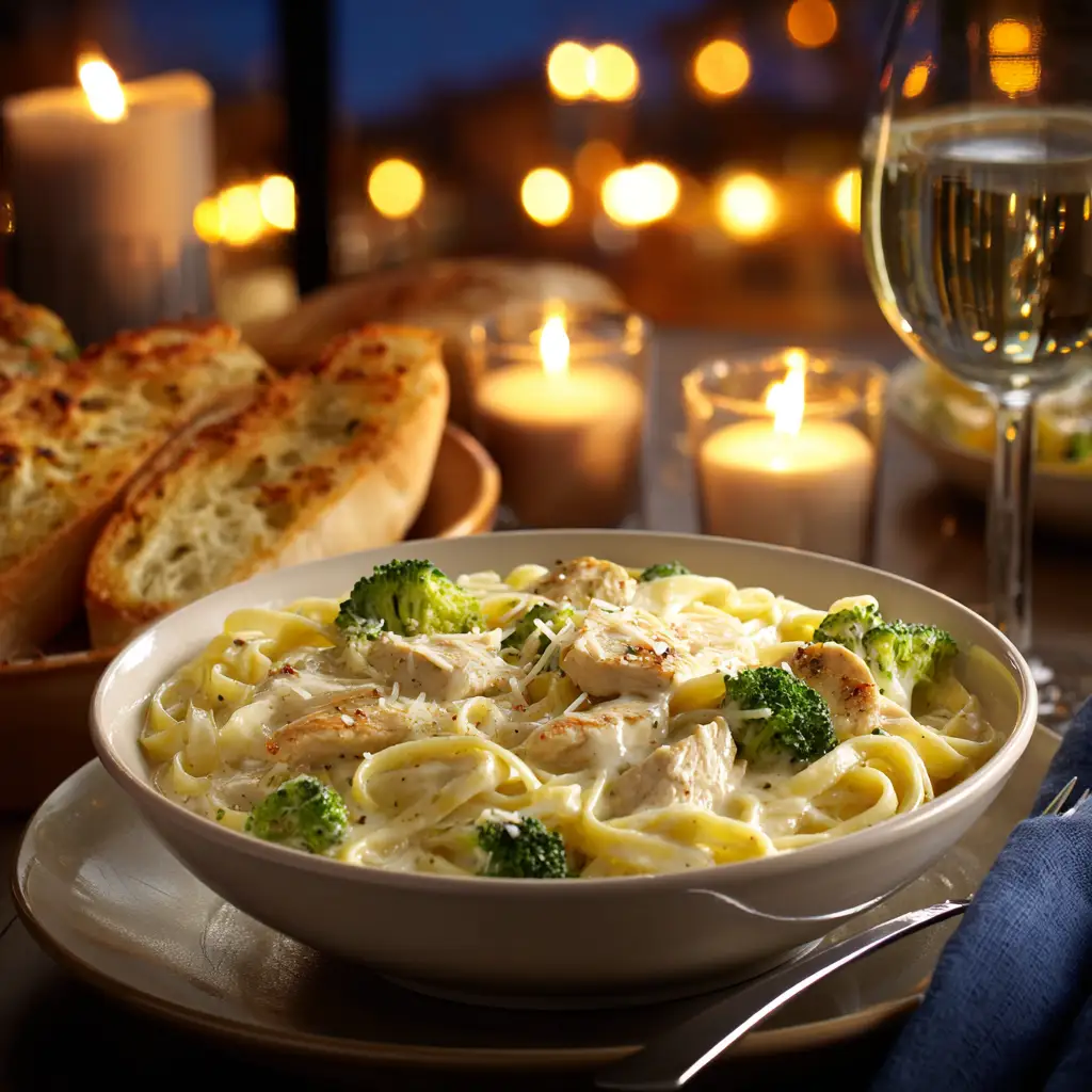 Chicken and broccoli fettuccine Alfredo served with garlic bread and white wine