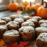 Top-down view of an eggless pumpkin mug cake in a white microwave-safe mug, surrounded by fall spices and pumpkin puree on a rustic table.