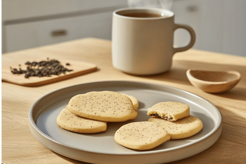 Earl Grey cookies on a rustic table with tea