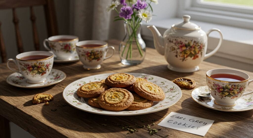 A cozy tea party setup with Earl Grey cookies, teacups, a teapot, and fresh flowers on a rustic wooden table, bathed in warm sunlight.