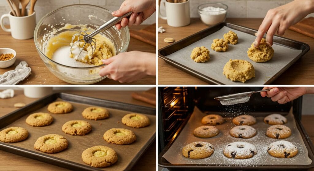 A step-by-step visual guide to making Earl Grey cookies, showing mixing, shaping, baking, and finishing touches in a modern kitchen.