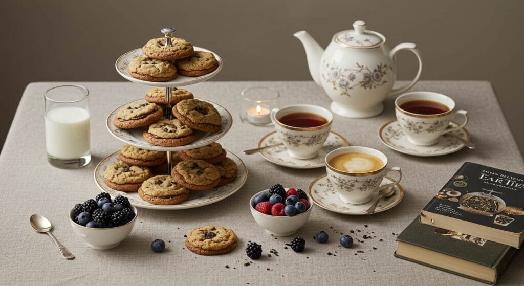 An elegant tablescape with Earl Grey cookies on a tiered stand, paired with tea, coffee, milk, and fresh berries, set on a linen tablecloth