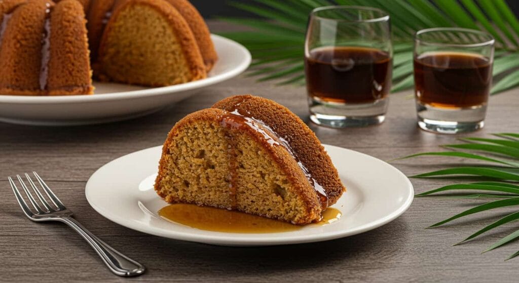 Slice of moist Caribbean Festival Rum Cake with rum syrup and tropical fruits on a white plate.