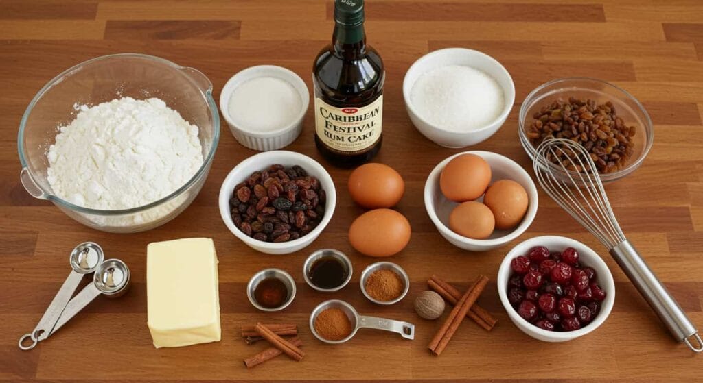 Caribbean Festival Rum Cake ingredients including flour, sugar, dried fruits, rum, and spices on a wooden countertop.