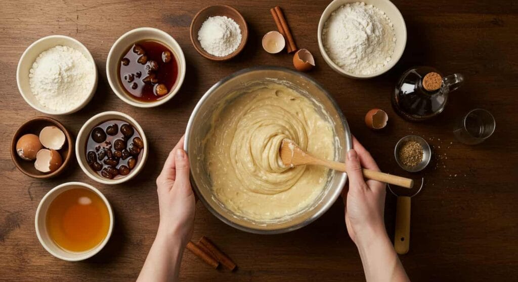 Baker mixing Caribbean Festival Rum Cake batter with a wooden spoon on a rustic kitchen counter