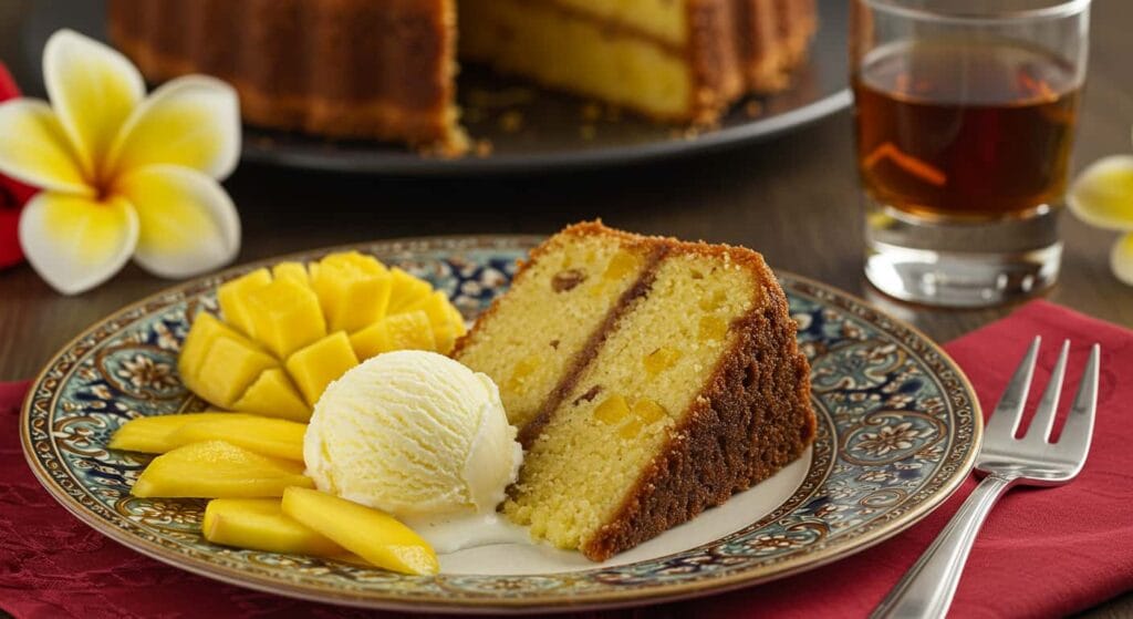 Slice of Caribbean Festival Rum Cake served with vanilla ice cream and tropical fruit on a decorative plate