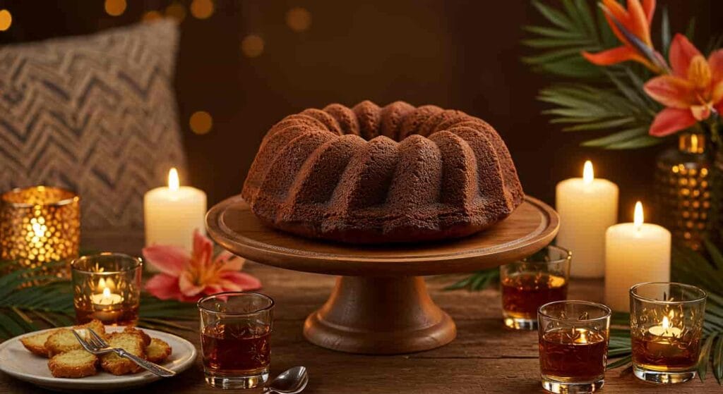 Caribbean Festival Rum Cake displayed on a wooden cake stand with candles and tropical flowers.