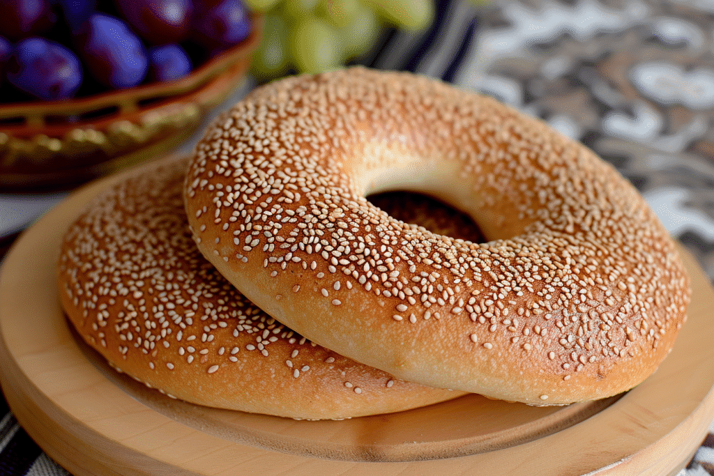 Freshly baked cottage cheese bagels on wooden kitchen counter