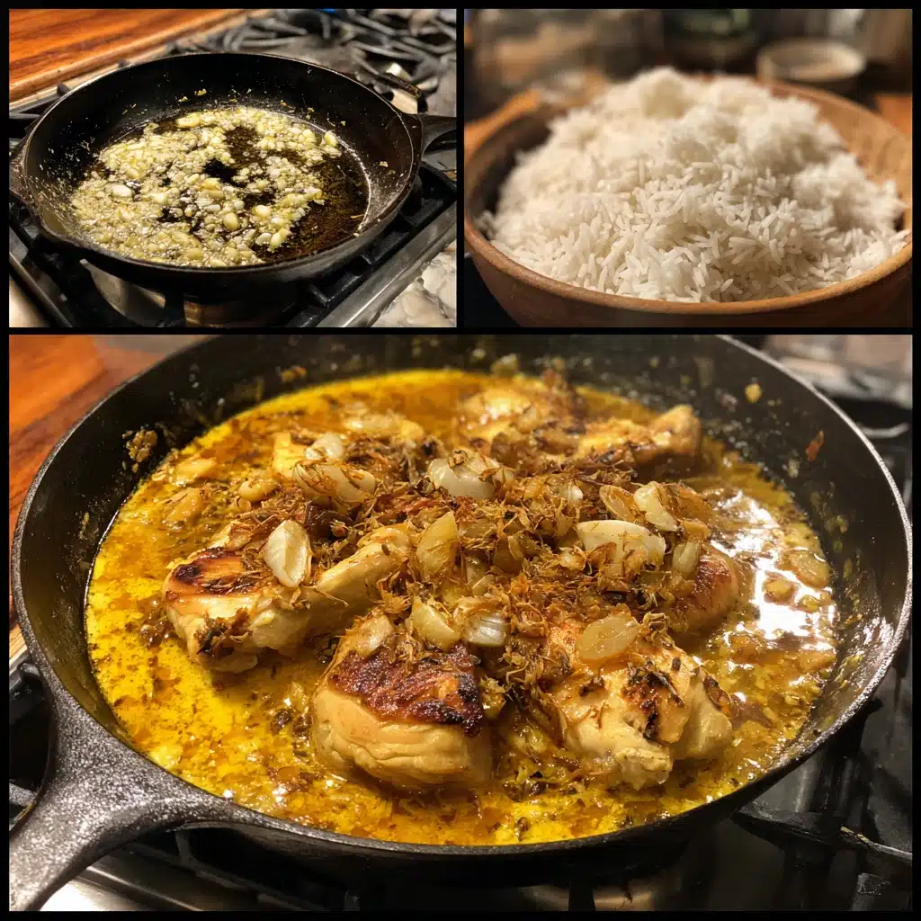 Collage showing garlic sautéing, chicken simmering, and final plated Chicken Mozambique