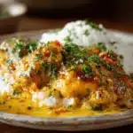 Plate of Chicken Mozambique served over white rice with saffron sauce and parsley garnish